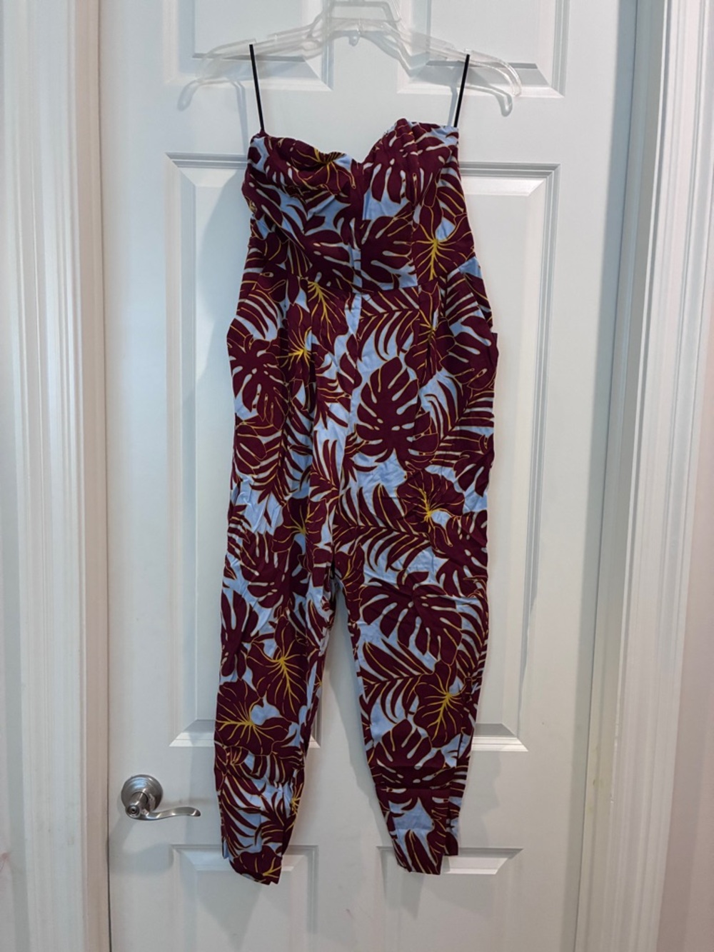 Strapless Tropical-Print Jumpsuit in Burgundy & Light Blue